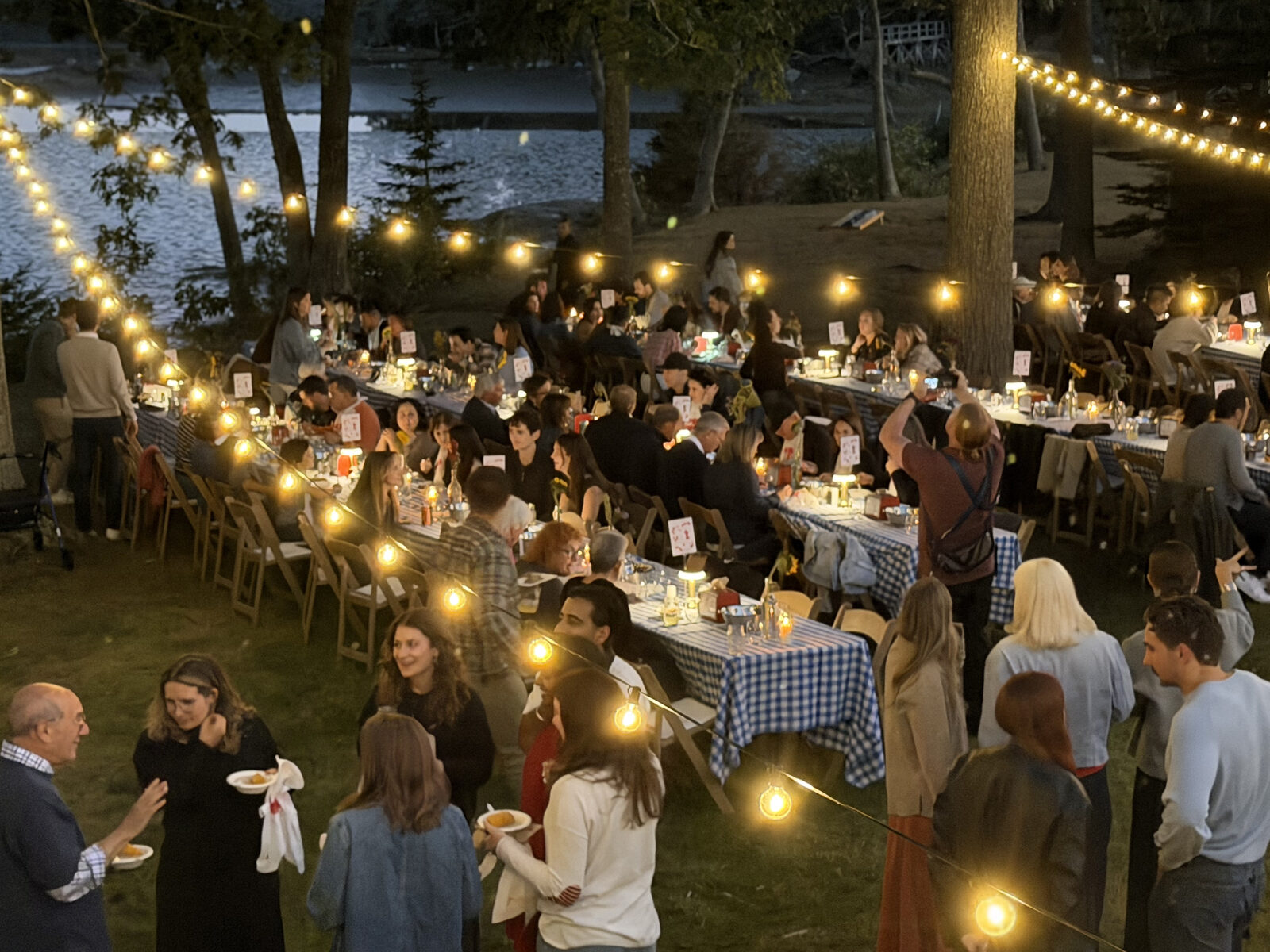 Guests mingle beside long gingham-covered tables on the waterfront lawn under string lights