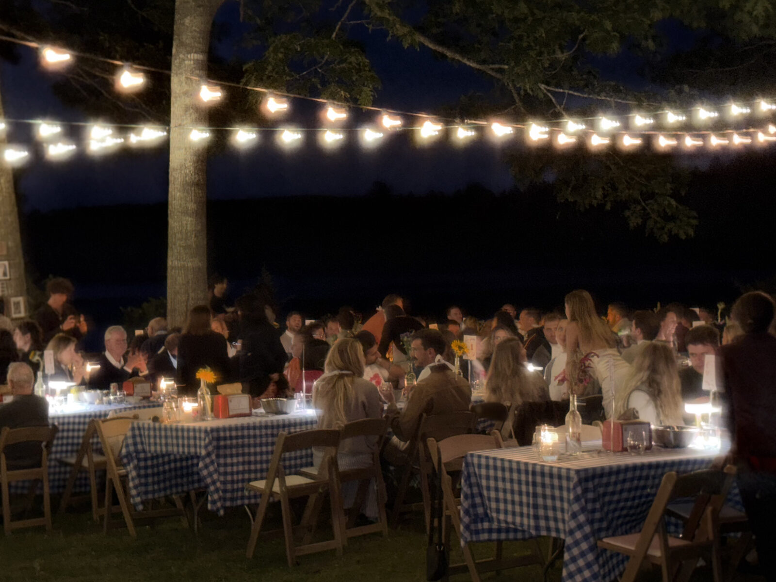 A candlelit lobster bake dinner at night, guests seated at gingham tables beneath string lights