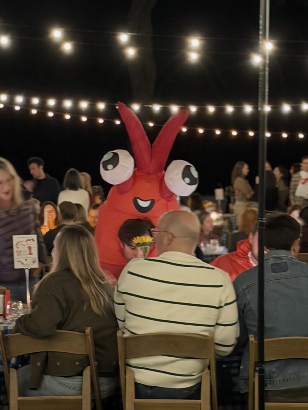 A guest in an inflatable lobster costume joins the dinner tables under string lights