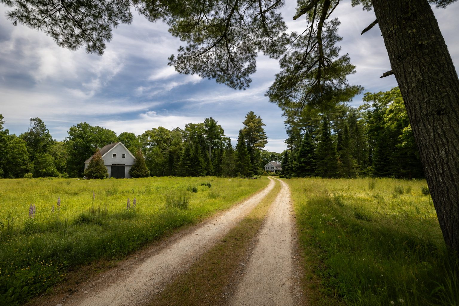 The open meadow and dirt driveway leading toward the field and tent