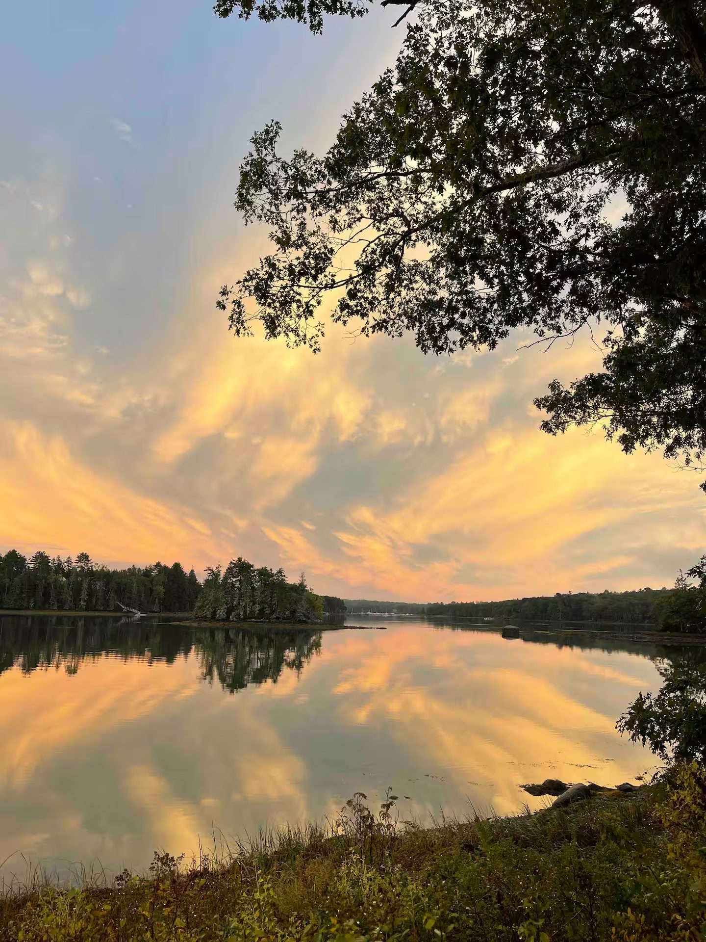 Sunset reflecting on the water, viewed from the property