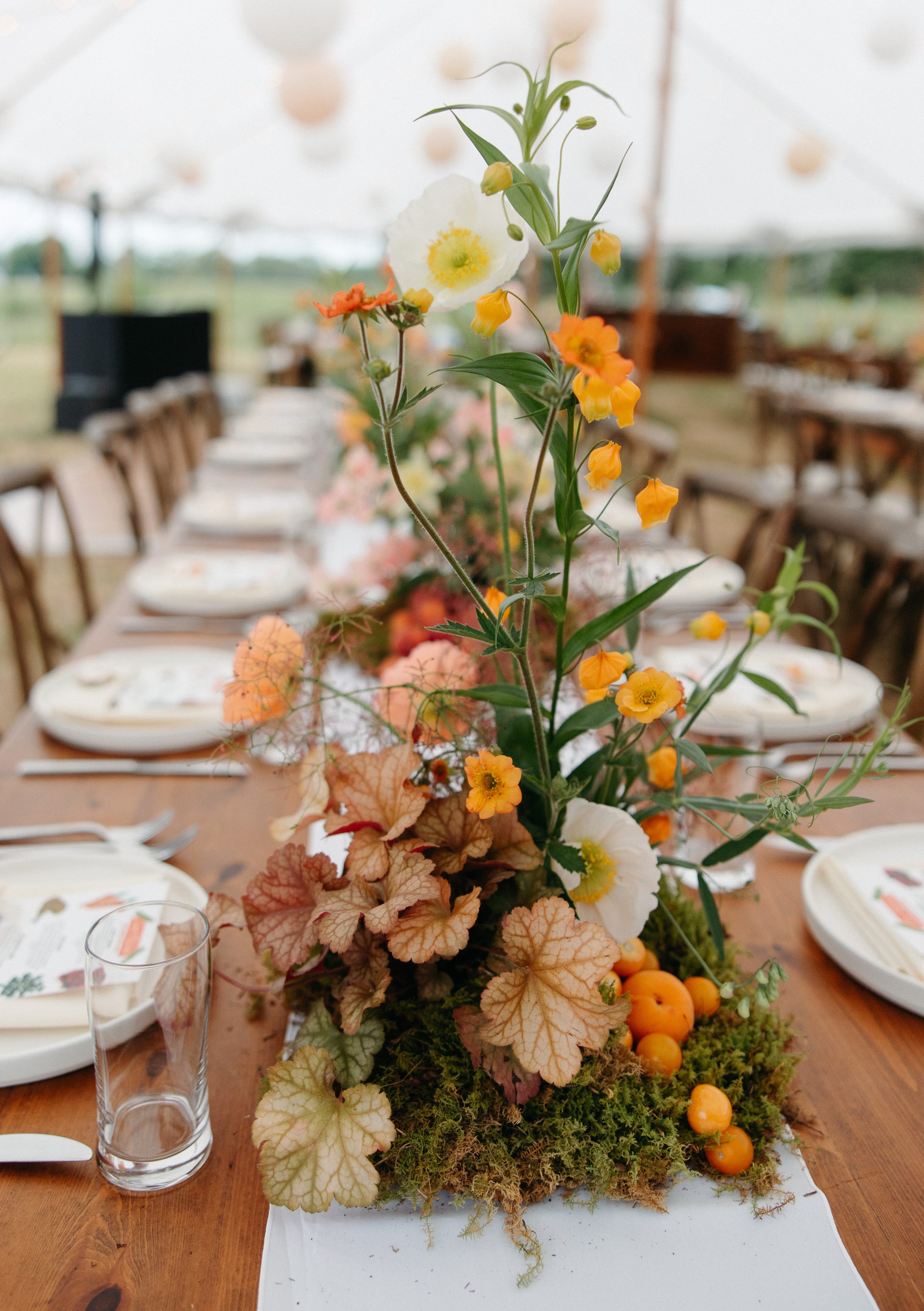 A wildflower centerpiece with poppies and stone fruit on a moss base