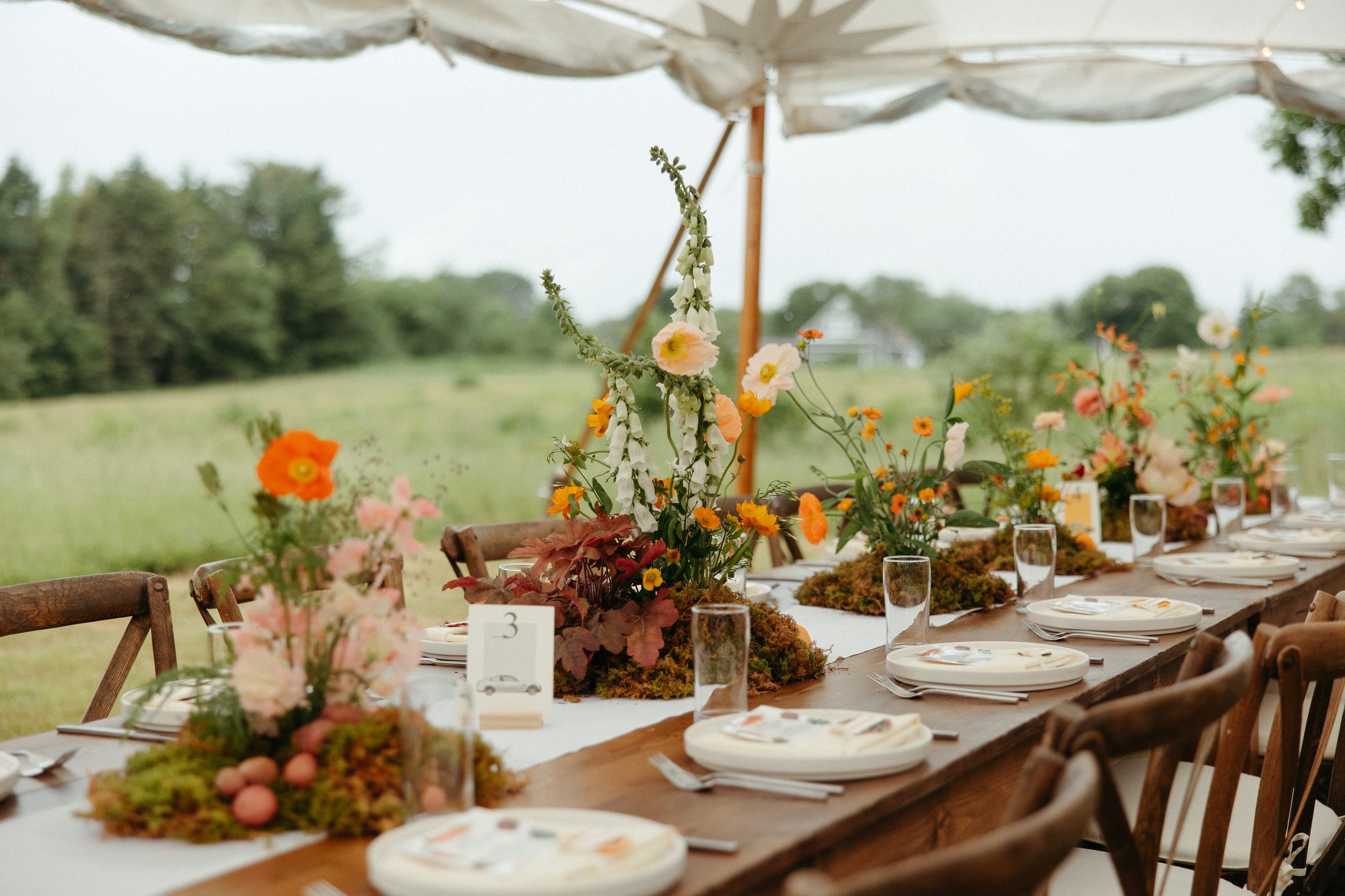 A sailcloth tent reception set up in the open field, long tables set for dinner