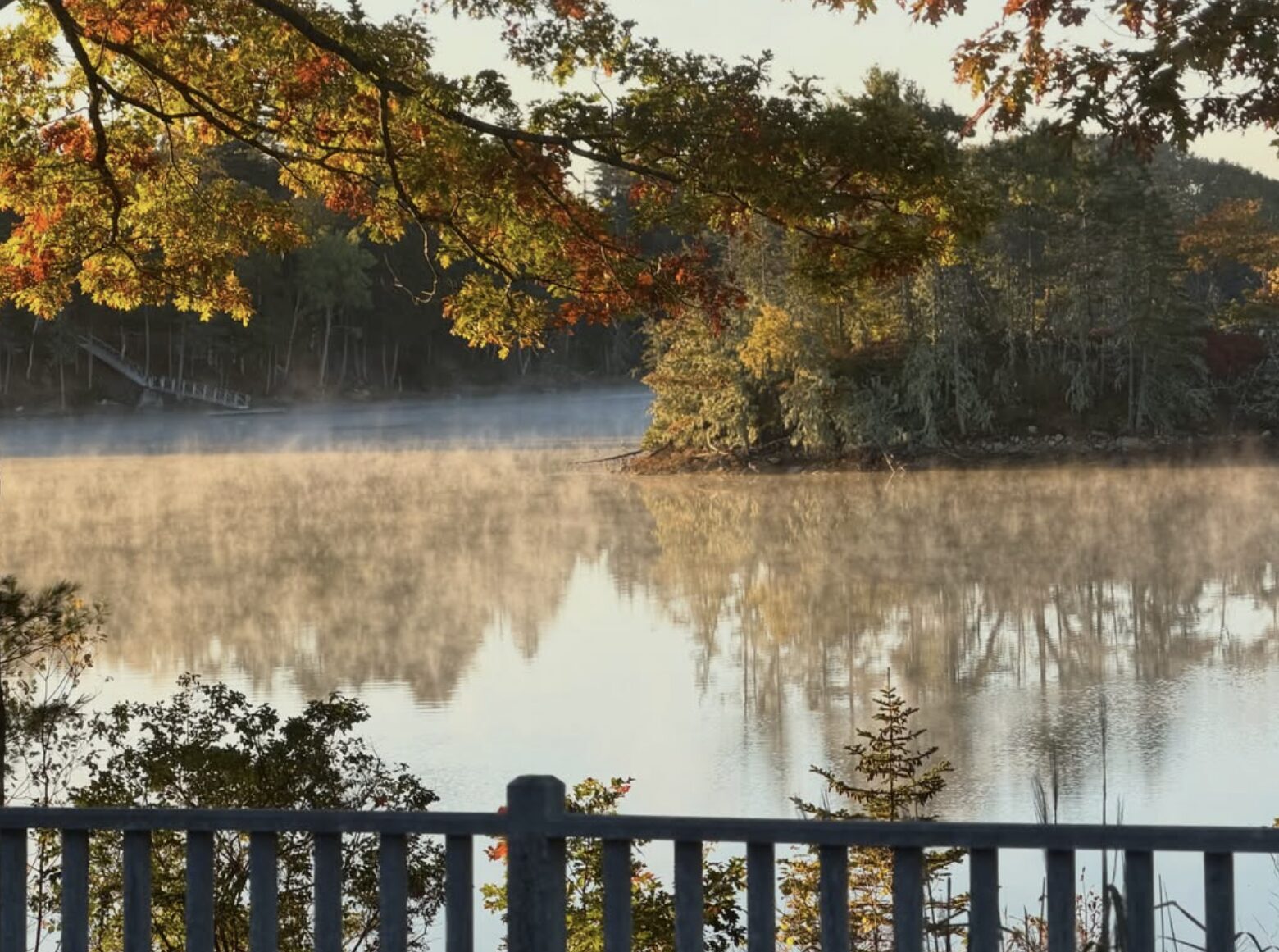 Morning mist rising off the harbor, framed by autumn leaves and the deck railing