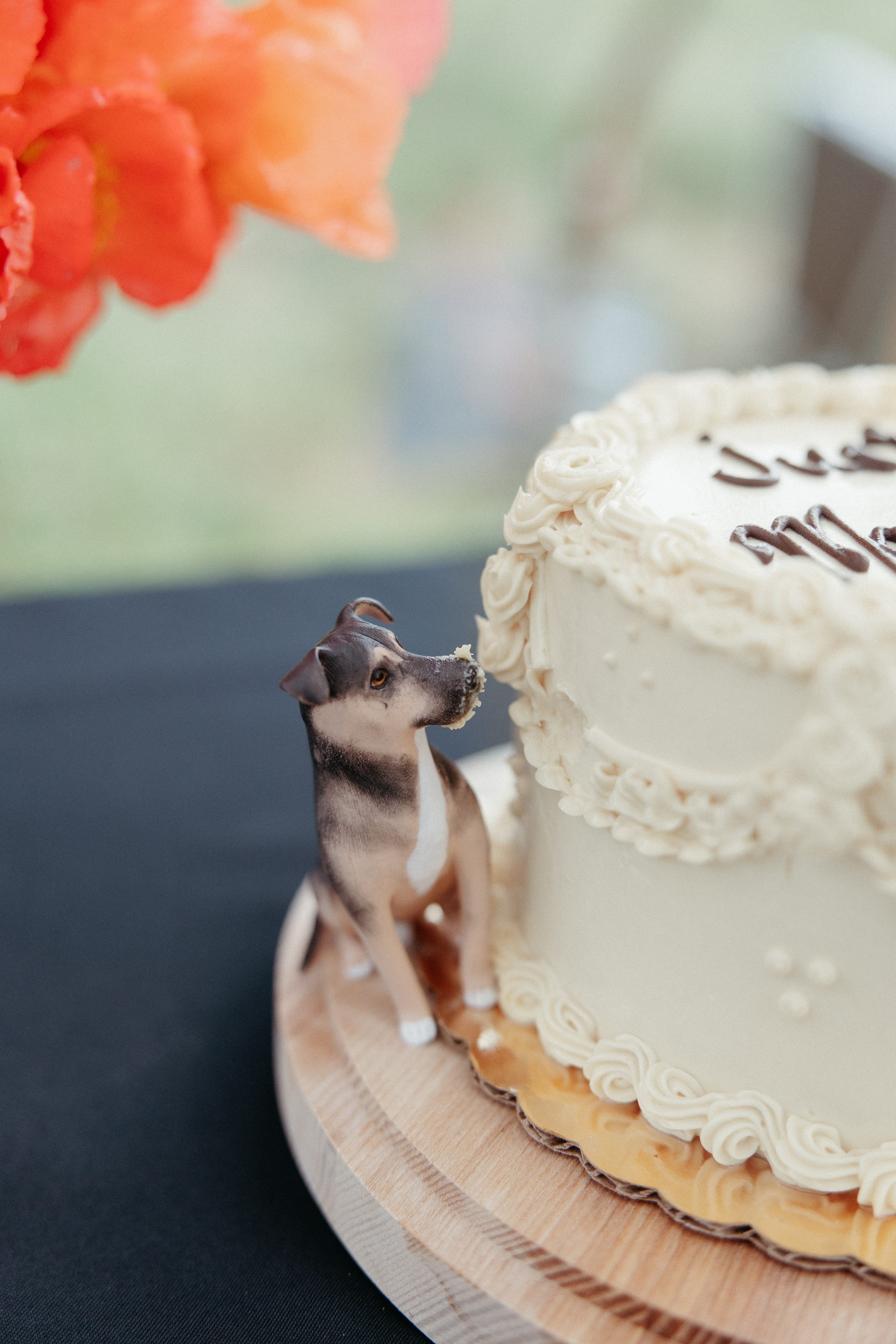 A custom cake topper shaped like the couple's dog, beside a simple iced wedding cake
